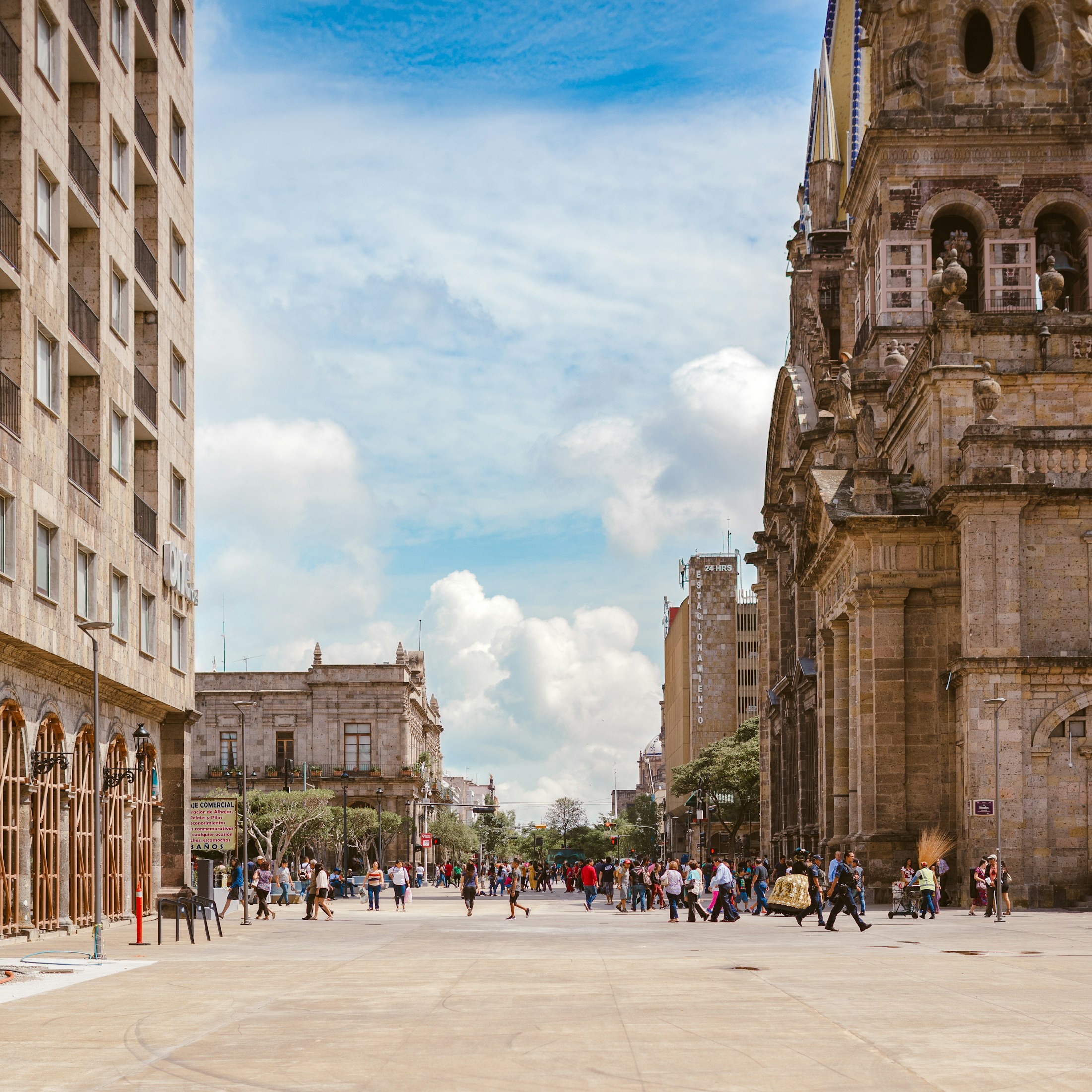 Guadalajara cathedral plaza with people walking